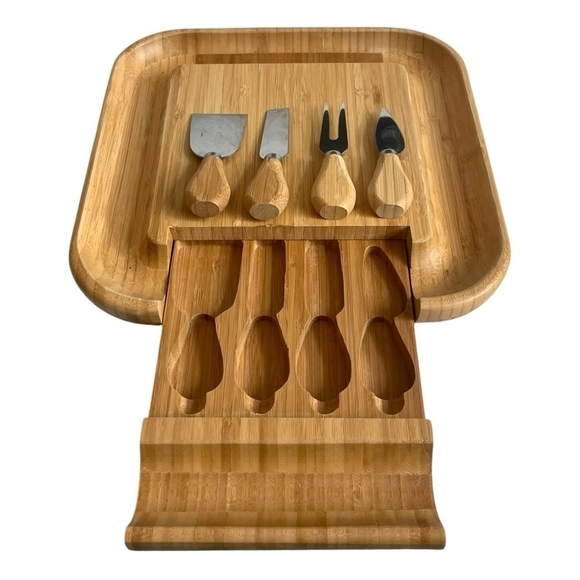NIB Bamboo Cheese Board with Cutlery Set Wood Charcuterie Platter Serving Tray - Picture 4 of 7